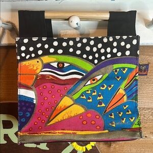 Laurel Birch Vintage Bird Colorful Canvas Tote Bag Wood Handle Purse Y2K 90s